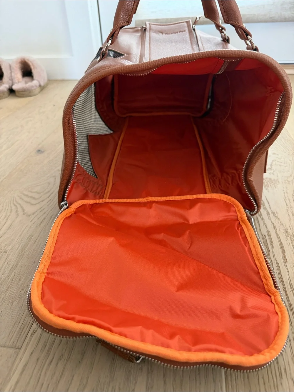 Tan Leather-Look Small Pet Carrier with Mesh Ventilation 11x18 inches